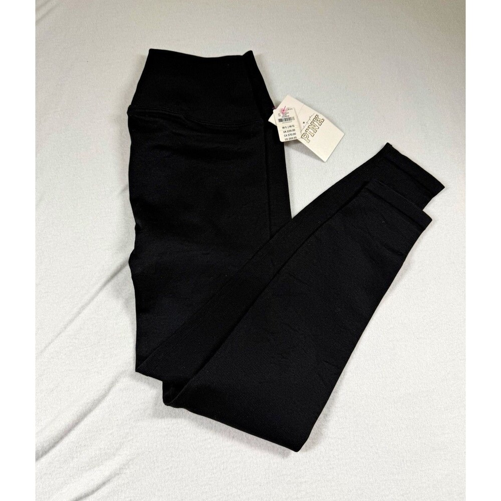 PINK Victorias' Secret  Womens Black Ribbed Ankle Leggings Stretch Size M/L 476